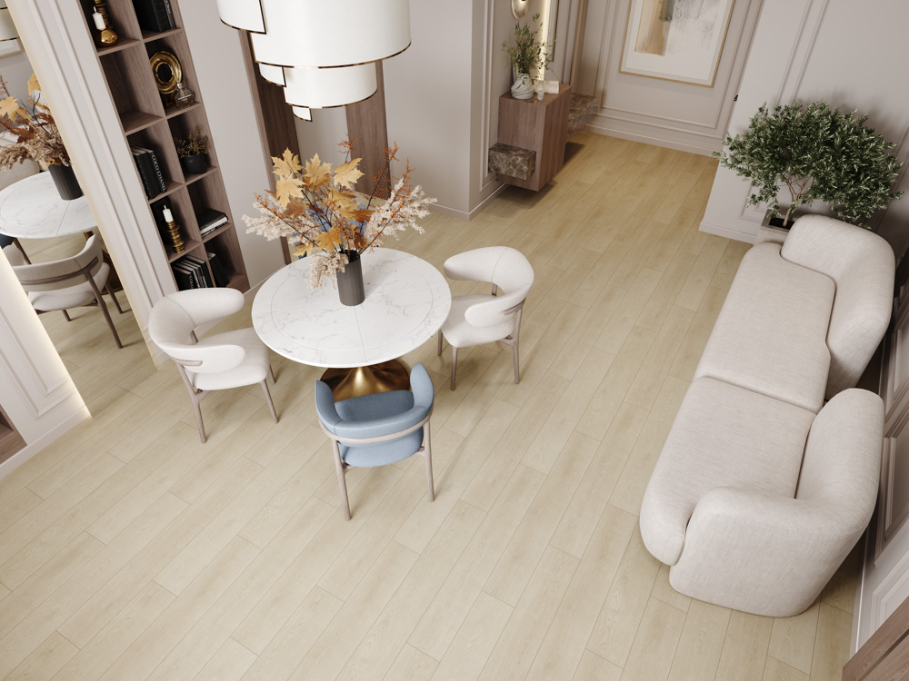 Кварцвиниловый SPC ламинат Cronafloor Grand Sequoia Дуб Амберный 1200×180×5 фото в интерьере